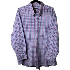 Club Room Dress Shirt Men's 17.5 32-33 Regular Fit Performance Blue Pink Plaid